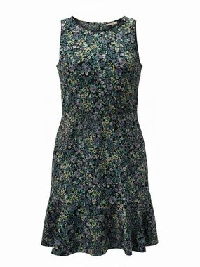 LOFT Women's Midi Dress Purple Green Floral Ruffle at Hem